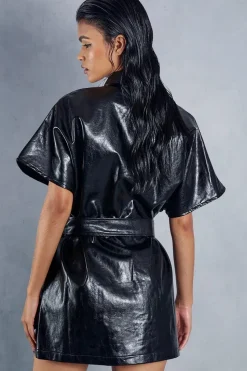 Leather Look Drop Shoulder Belted Mini Shirt Dress