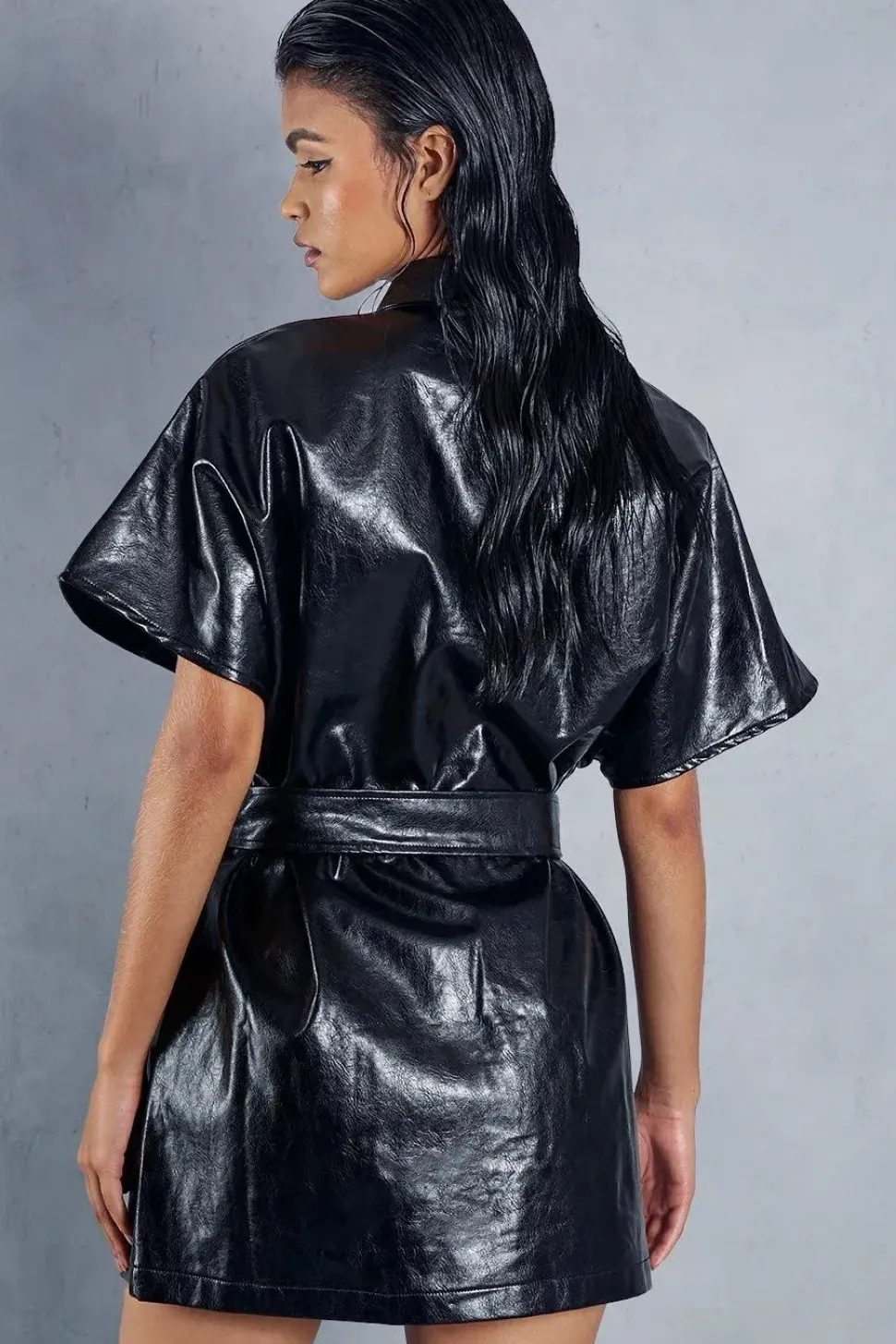 Leather Look Drop Shoulder Belted Mini Shirt Dress