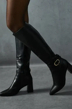 Leather Look Gold Buckle Knee High Boots