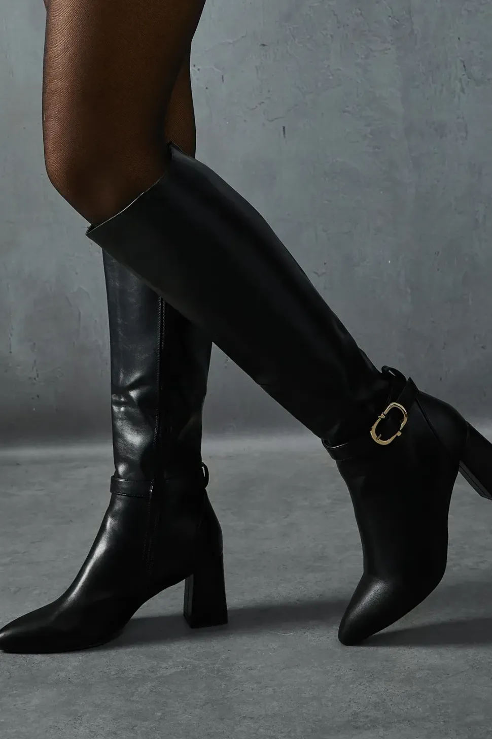 Leather Look Gold Buckle Knee High Boots