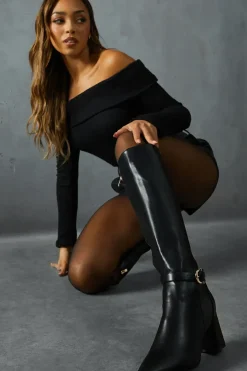 Leather Look Gold Buckle Knee High Boots