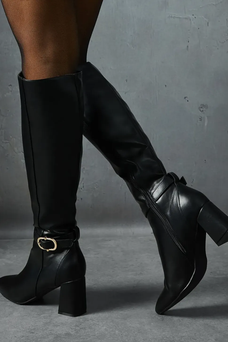 Leather Look Gold Buckle Knee High Boots