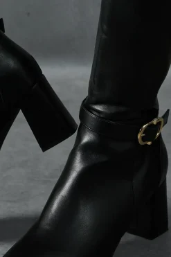 Leather Look Gold Buckle Knee High Boots