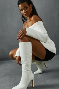 Leather Look Knee High Block Heeled Boots