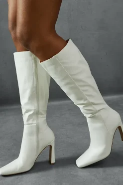 Leather Look Knee High Block Heeled Boots