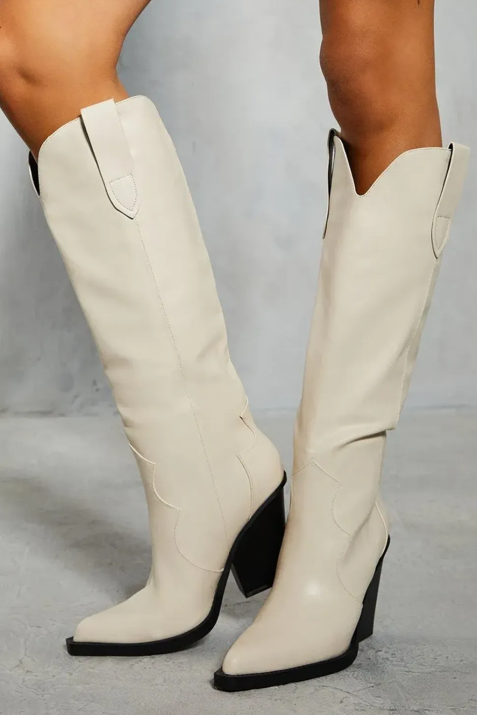 Leather Look Knee High Cowboy Boots