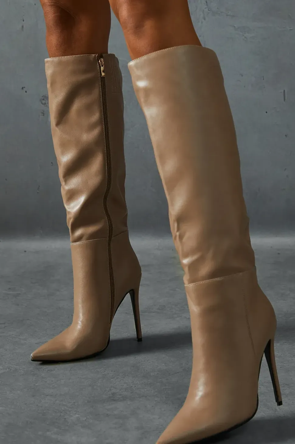 Leather Look Knee High Pointed Boots