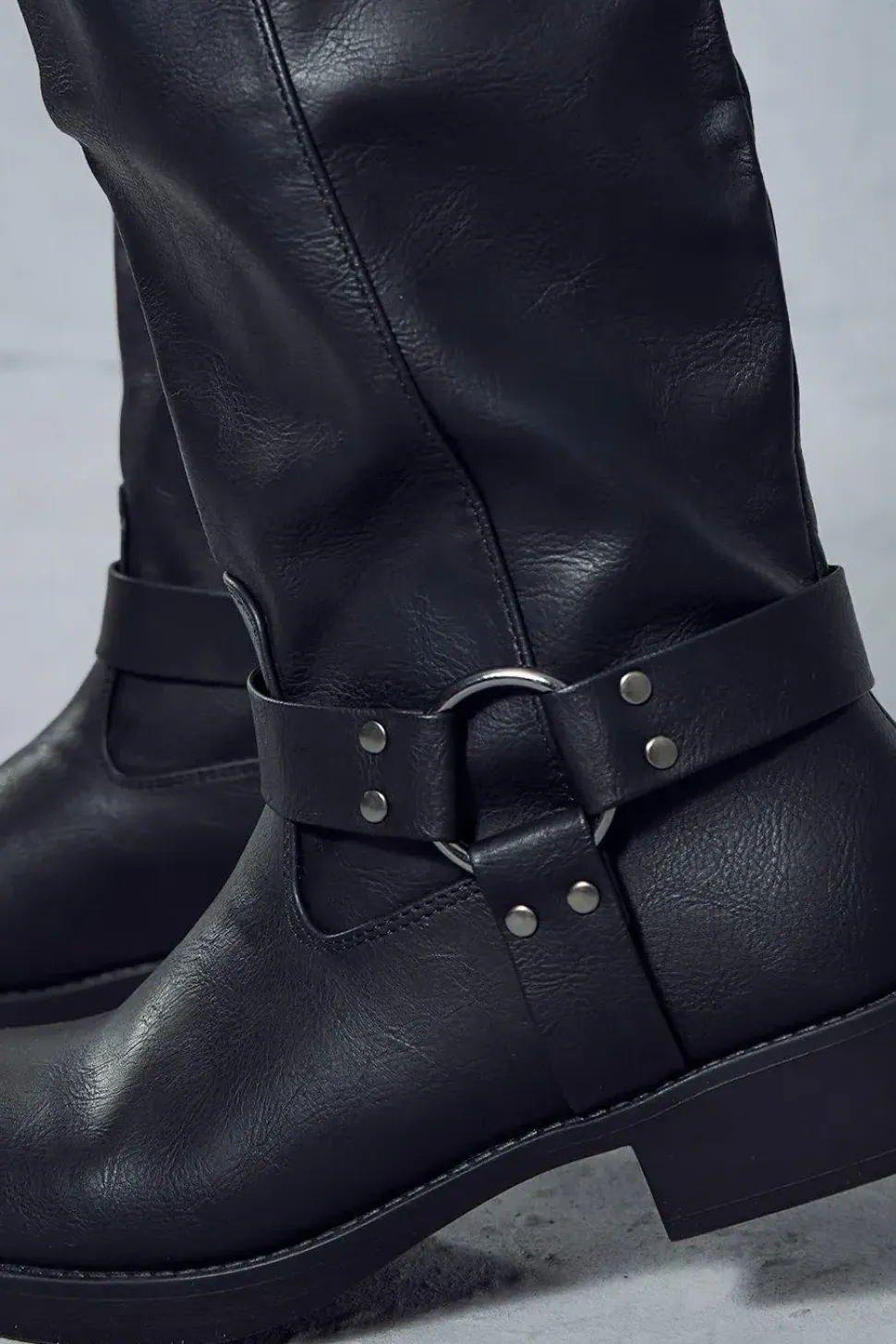 Leather Look Square Toe Buckle Knee High Boots