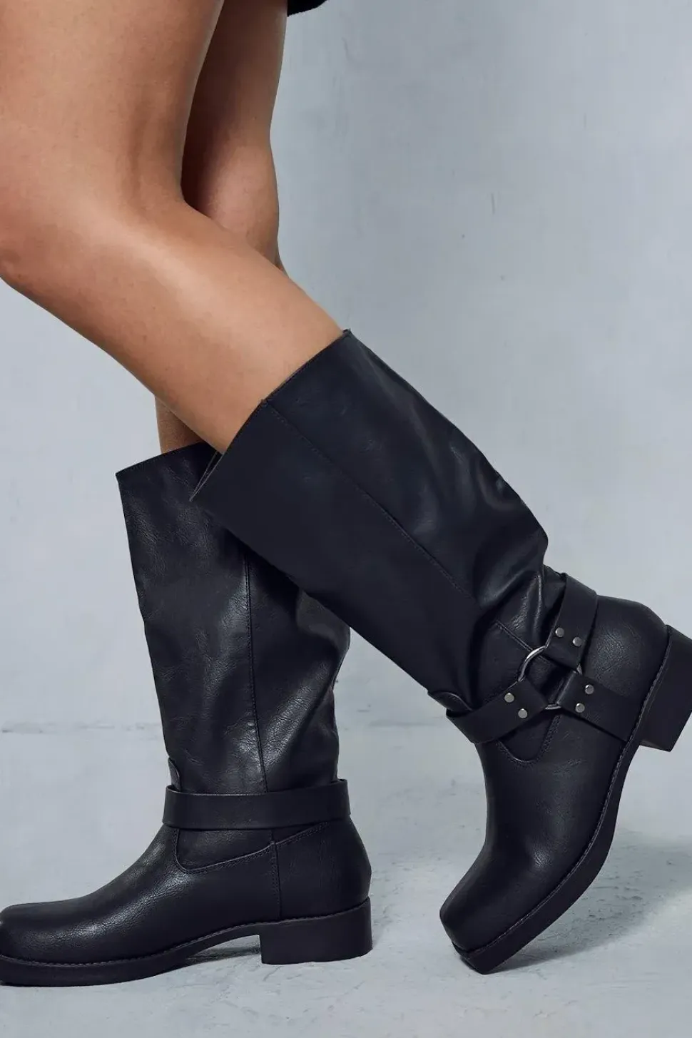 Leather Look Square Toe Buckle Knee High Boots