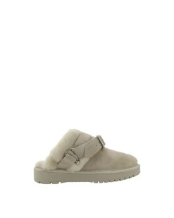 Leather Shearling-Lined Slip-On Mules with Suede Upper and Flat Sole