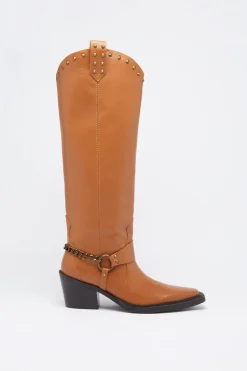 Leather Stud Harness Knee High Cowboy Boot