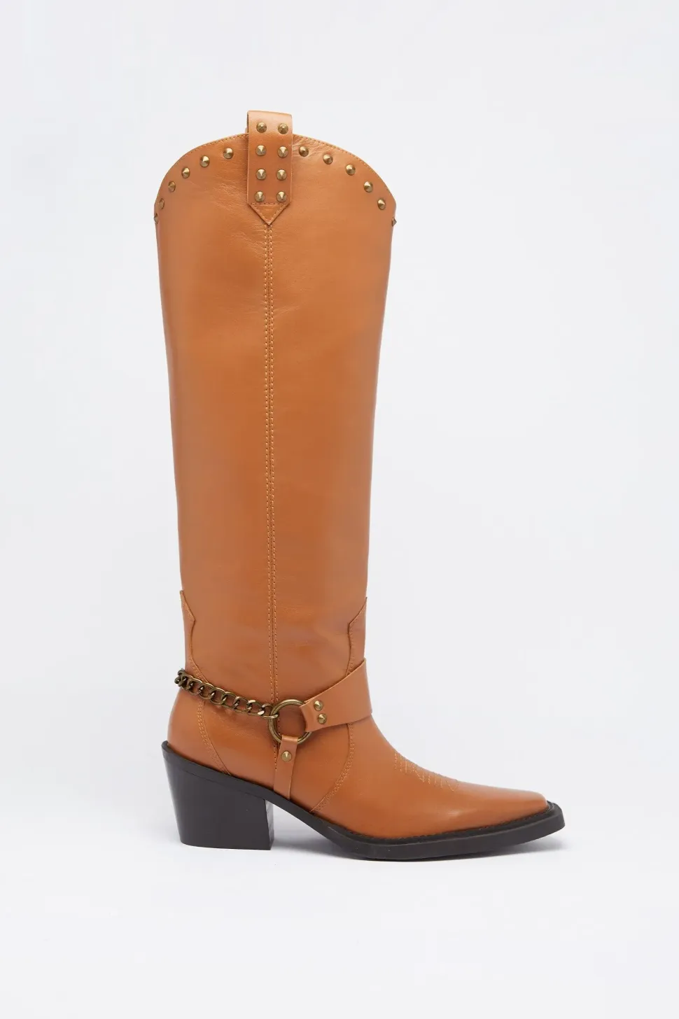 Leather Stud Harness Knee High Cowboy Boot