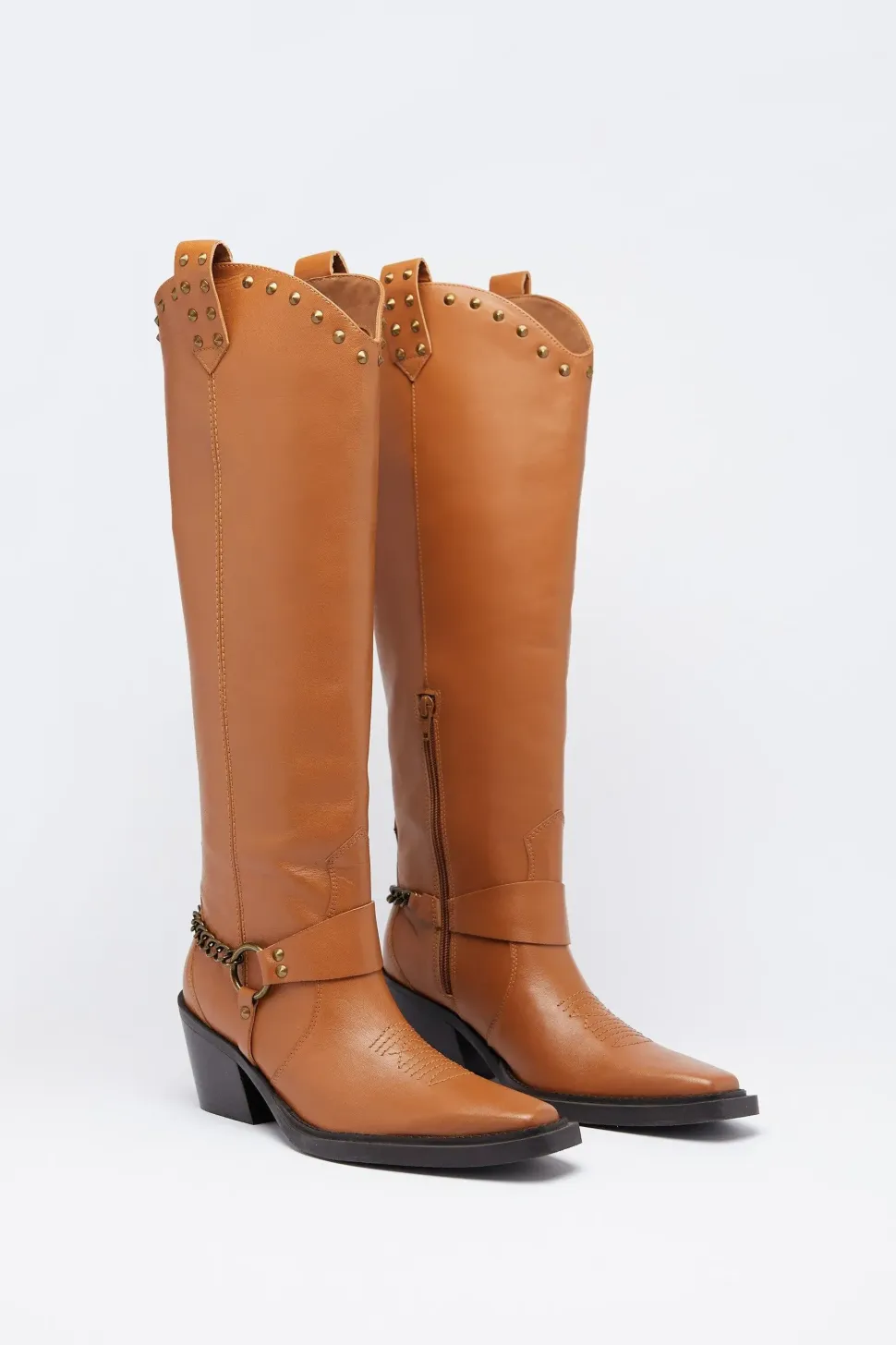 Leather Stud Harness Knee High Cowboy Boot