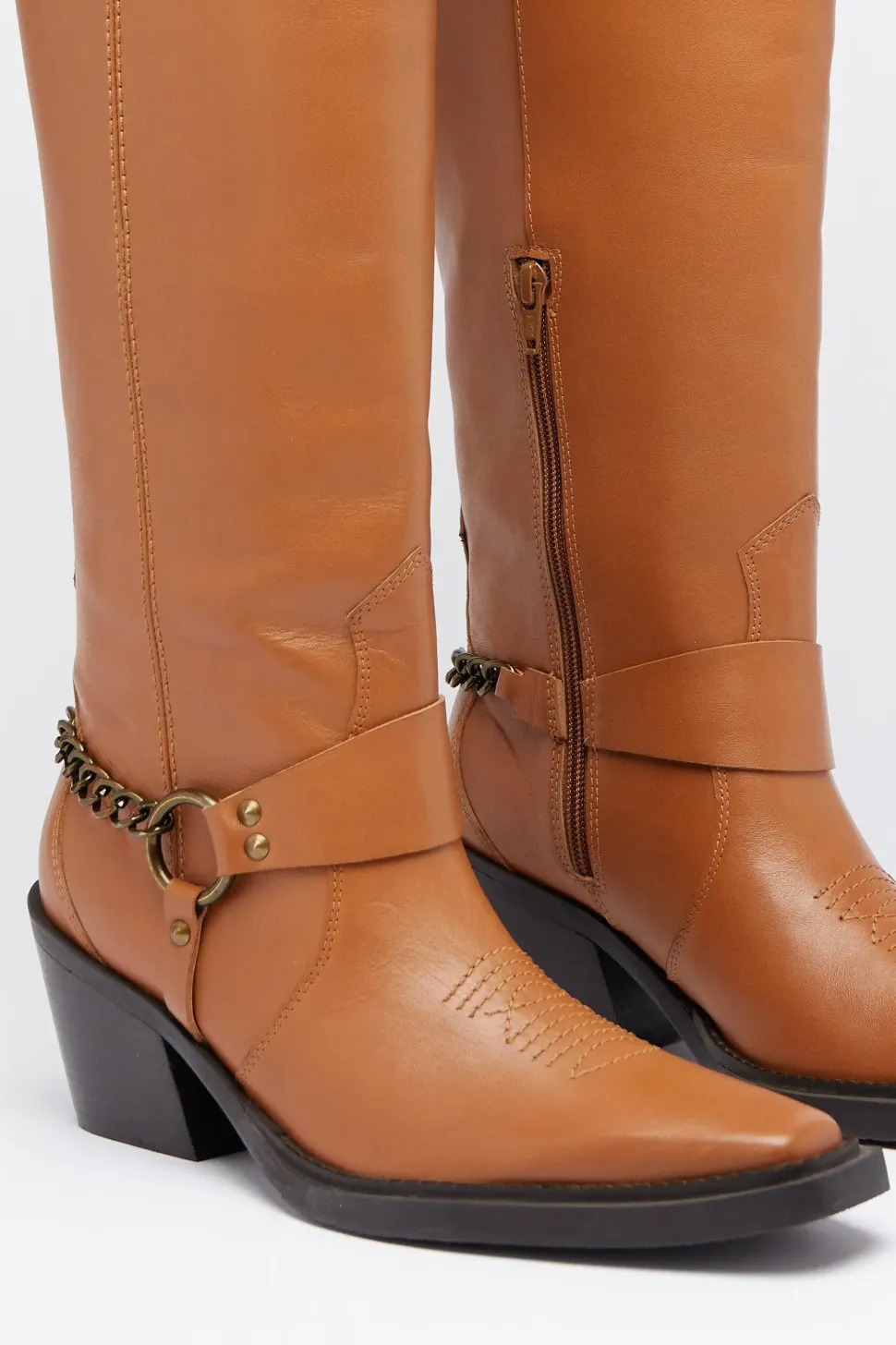 Leather Stud Harness Knee High Cowboy Boot