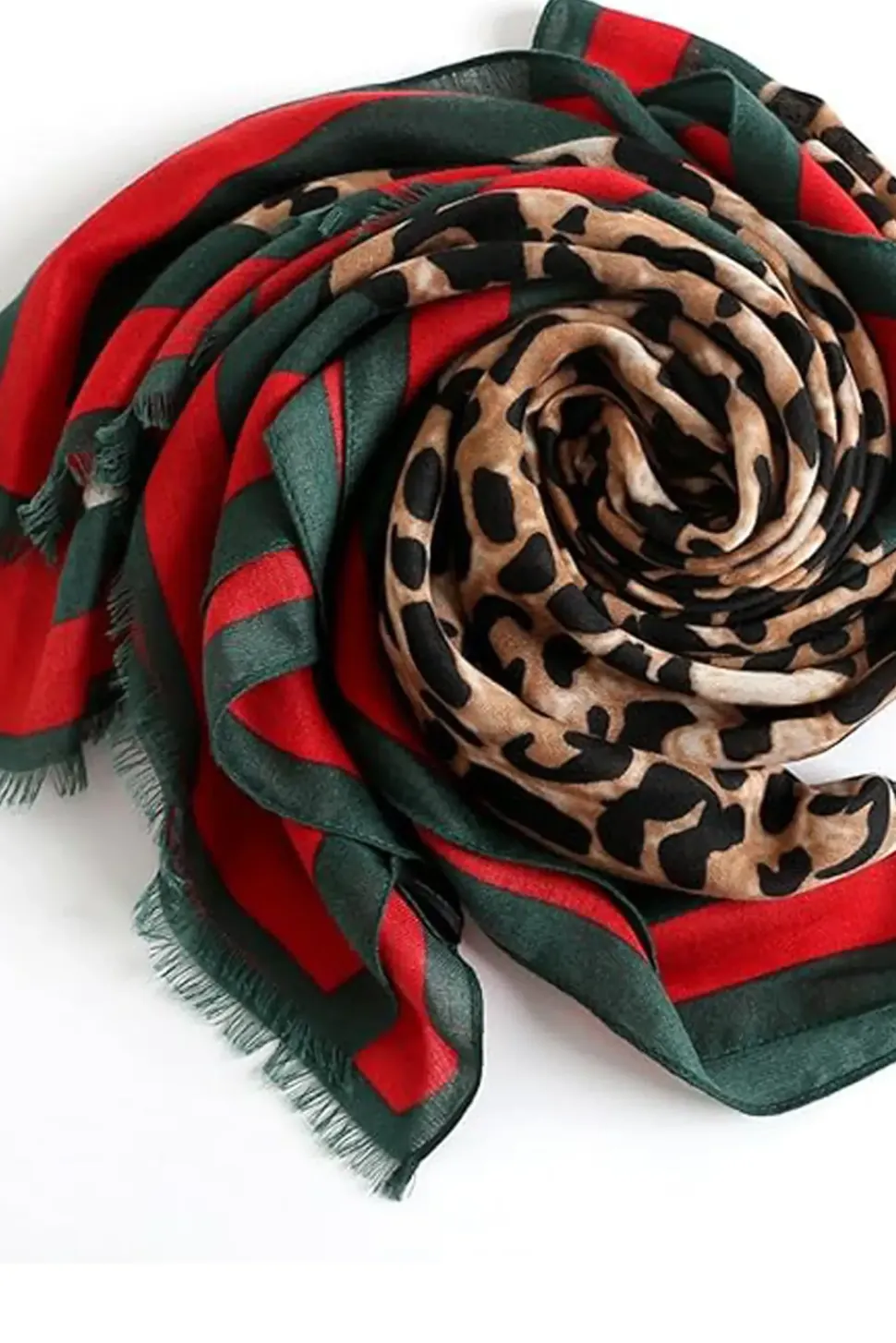 Leopard & Strip Print Fringed edges Scarf In Green & Red