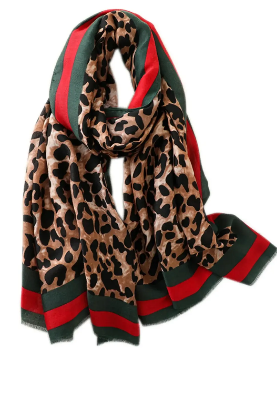 Leopard & Strip Print Fringed edges Scarf In Green & Red
