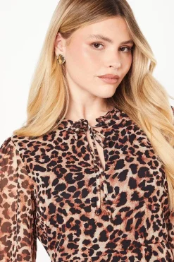 Leopard Chiffon Tie Neck Mini Dress