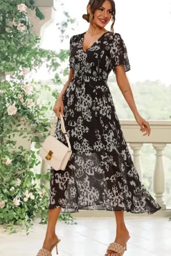 Leopard Floral Print Angel Sleeve Maxi Dress In Black