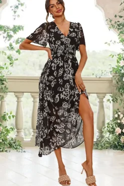 Leopard Floral Print Angel Sleeve Maxi Dress In Black