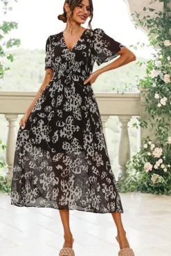 Leopard Floral Print Angel Sleeve Maxi Dress In Black