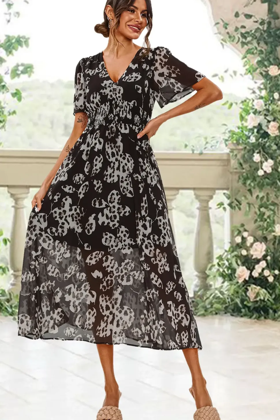 Leopard Floral Print Angel Sleeve Maxi Dress In Black