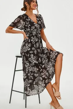 Leopard Floral Print Angel Sleeve Maxi Dress In Black