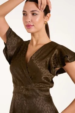 Leopard Jacquard Frill Sleeve Dress
