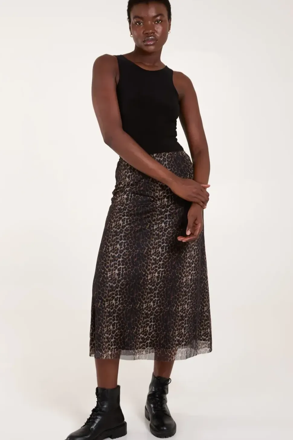 Leopard Mesh Midi Skirt