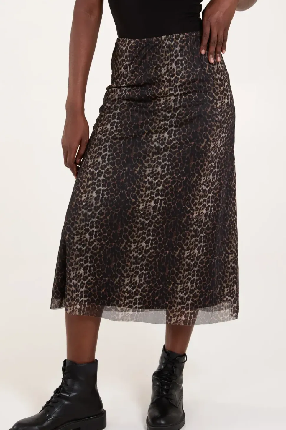 Leopard Mesh Midi Skirt