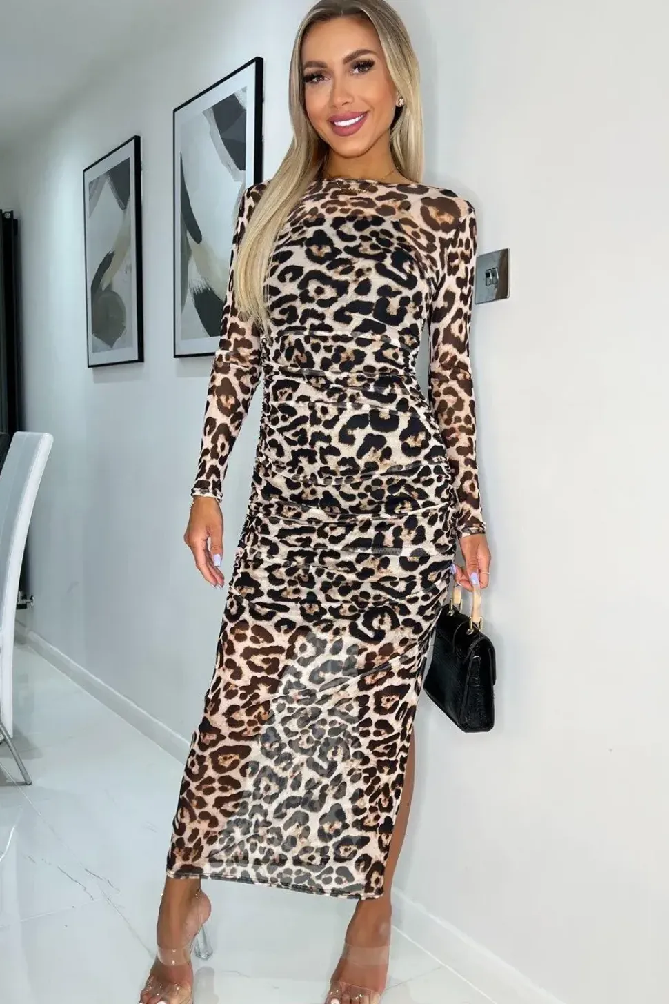 Leopard Mesh Overlay Long Sleeve Bodycon Midi Dress