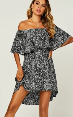 Leopard Print Bardot Frill Off Shoulder Mini Dress In Black