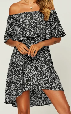 Leopard Print Bardot Frill Off Shoulder Mini Dress In Black