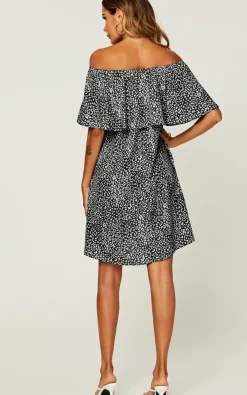 Leopard Print Bardot Frill Off Shoulder Mini Dress In Black
