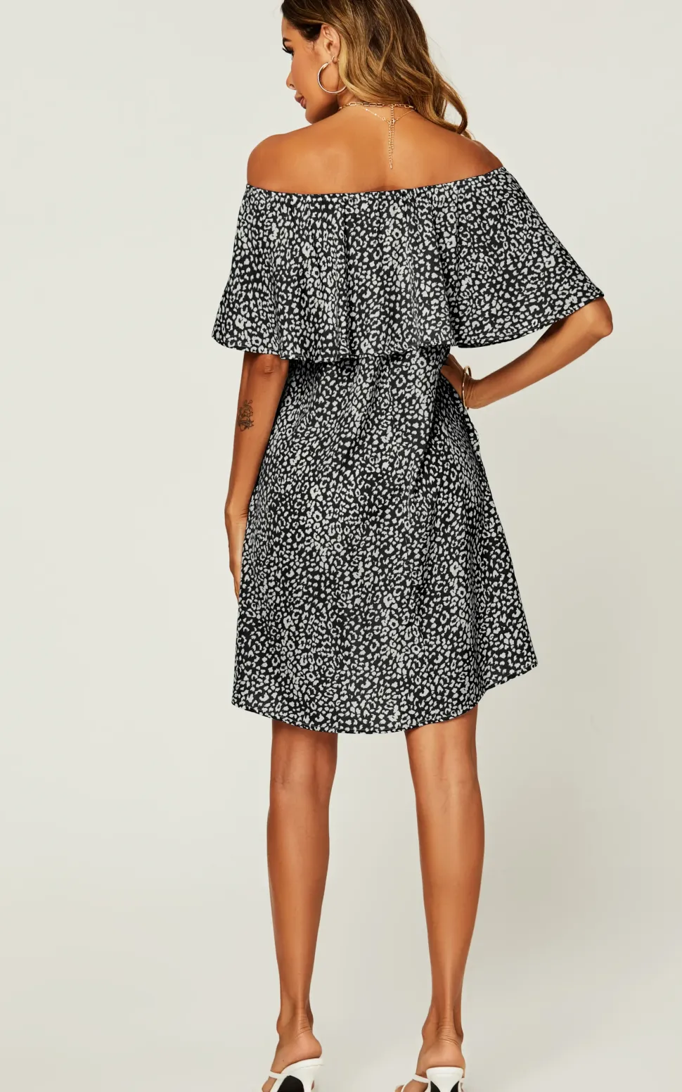 Leopard Print Bardot Frill Off Shoulder Mini Dress In Black