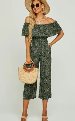 Leopard Print Bardot Ruffles Hem Jumpsuit In Khaki Green