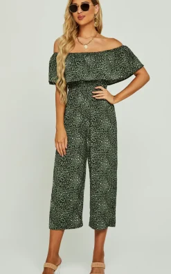 Leopard Print Bardot Ruffles Hem Jumpsuit In Khaki Green
