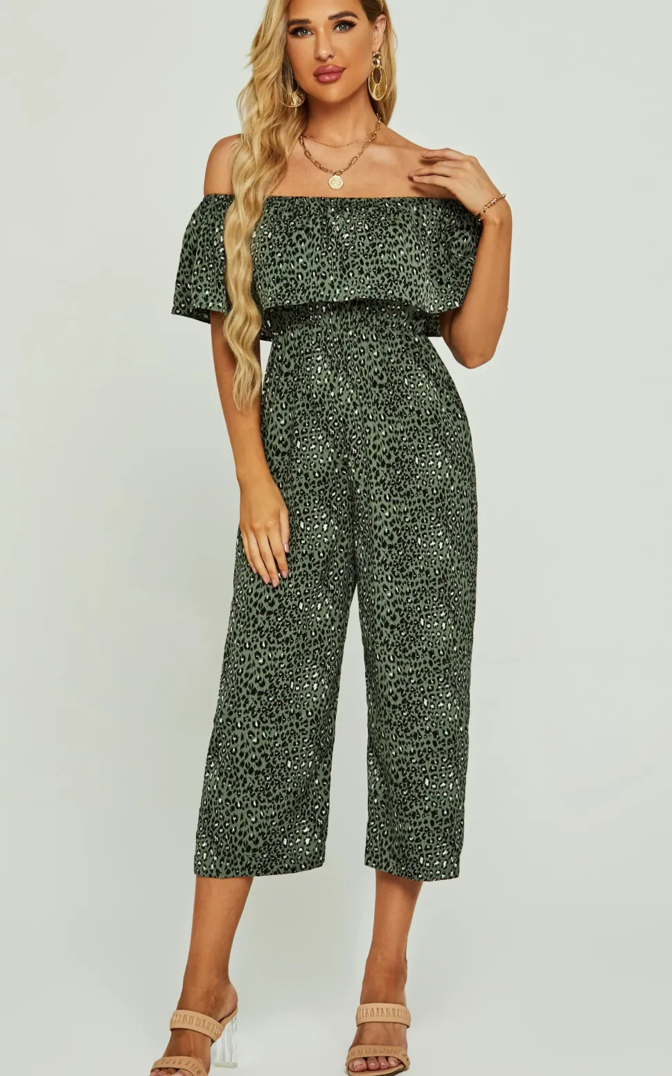 Leopard Print Bardot Ruffles Hem Jumpsuit In Khaki Green