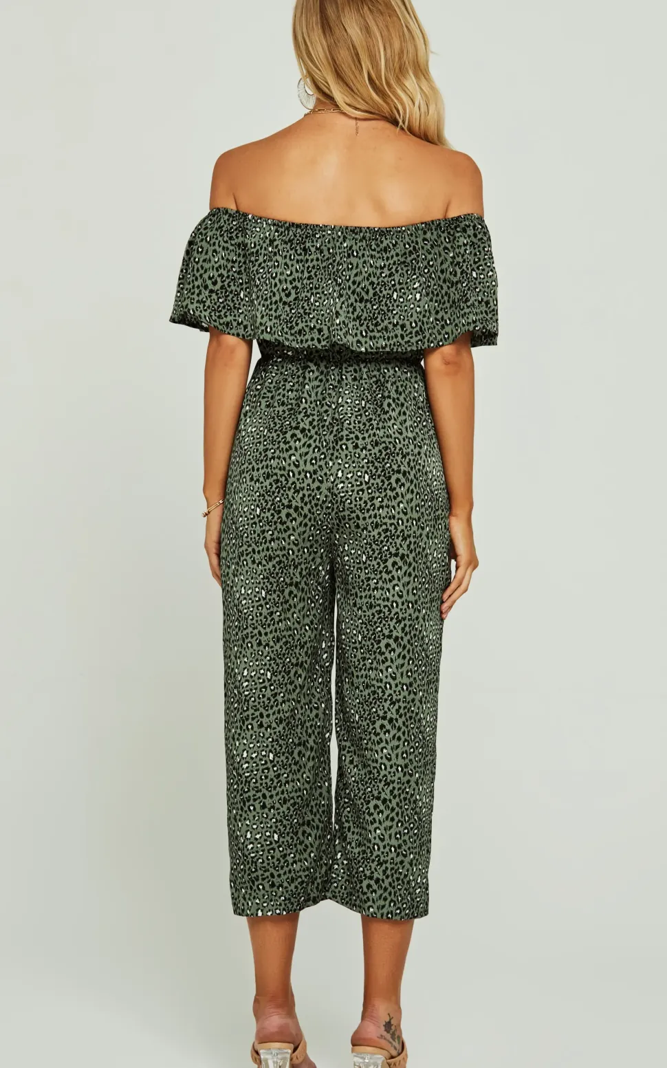 Leopard Print Bardot Ruffles Hem Jumpsuit In Khaki Green