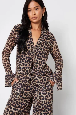 Leopard Print Chiffon Tie Front Blouse