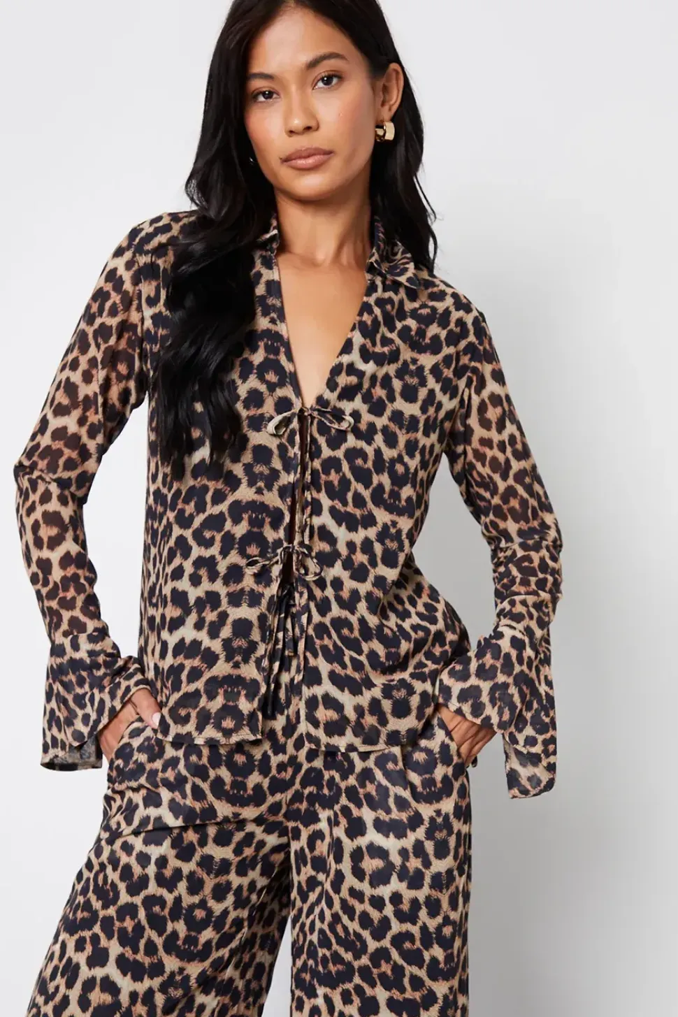 Leopard Print Chiffon Tie Front Blouse