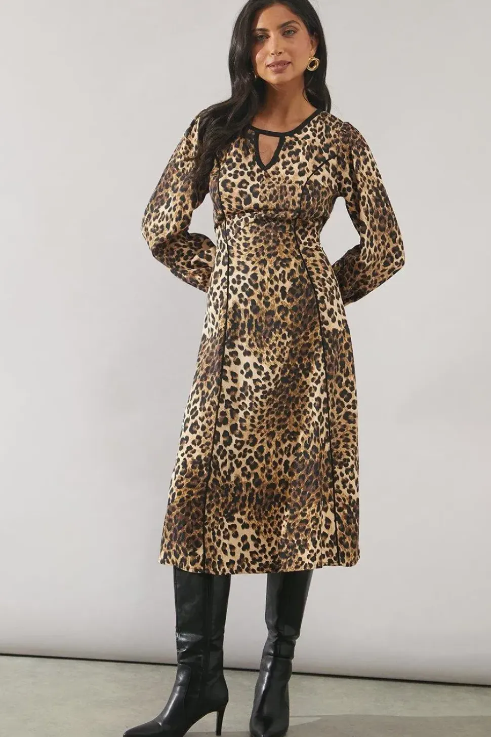 Leopard Print Contrast Detail Midi Dress