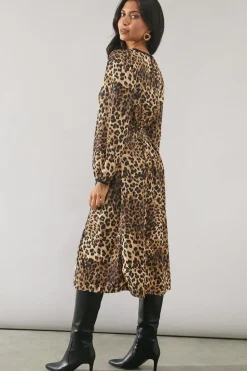 Leopard Print Contrast Detail Midi Dress