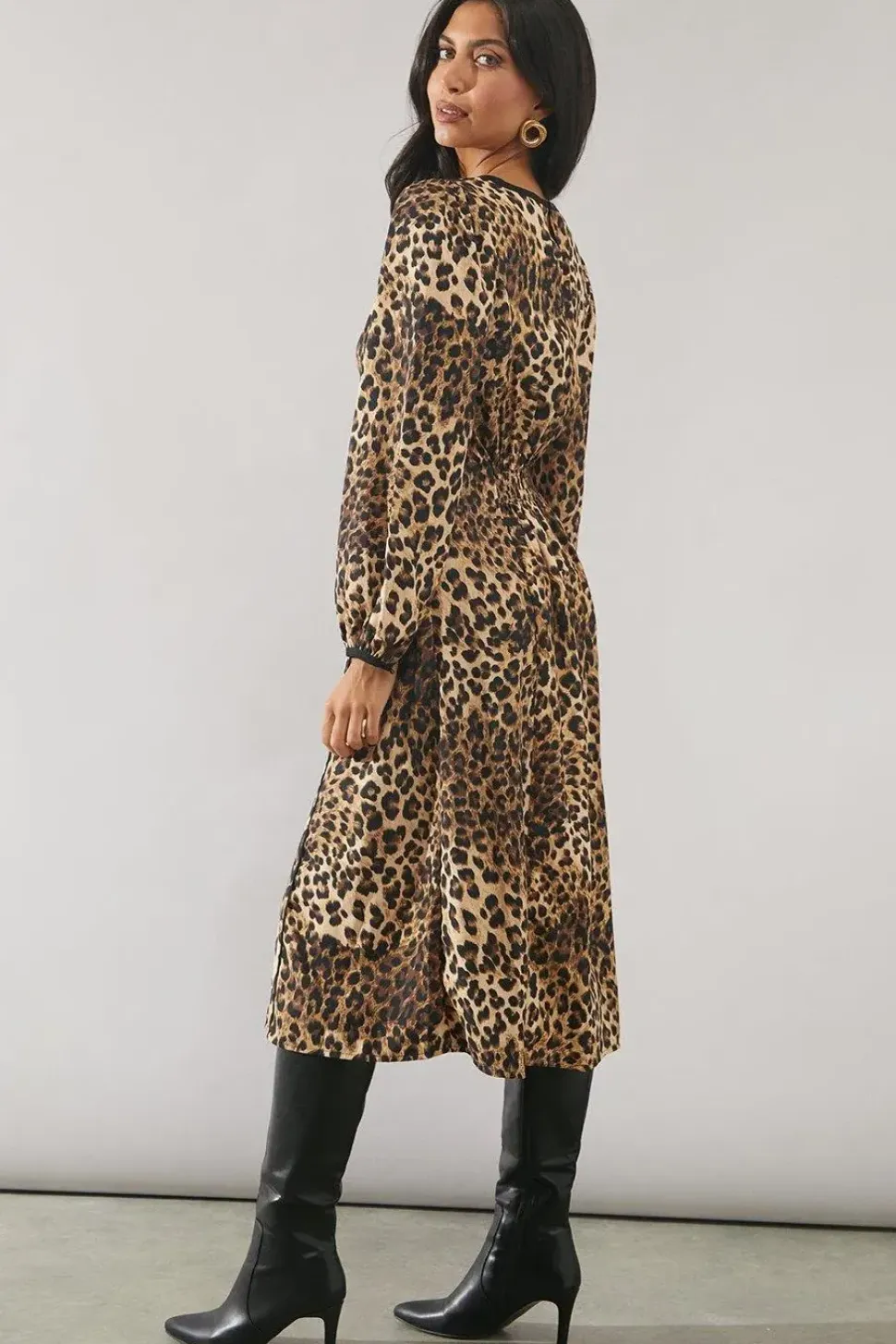 Leopard Print Contrast Detail Midi Dress