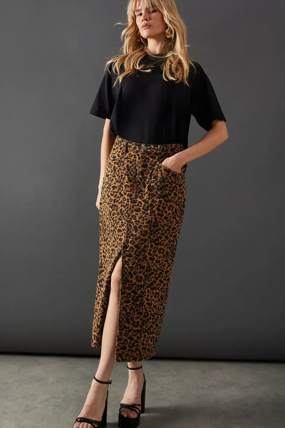 Leopard Print Denim Maxi Skirt