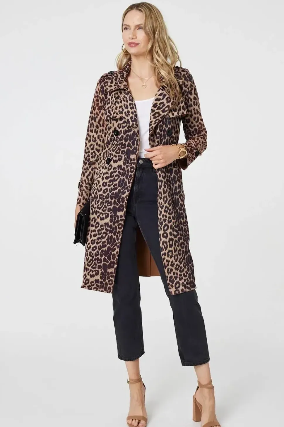 Leopard Print Double Breasted Trench Coat