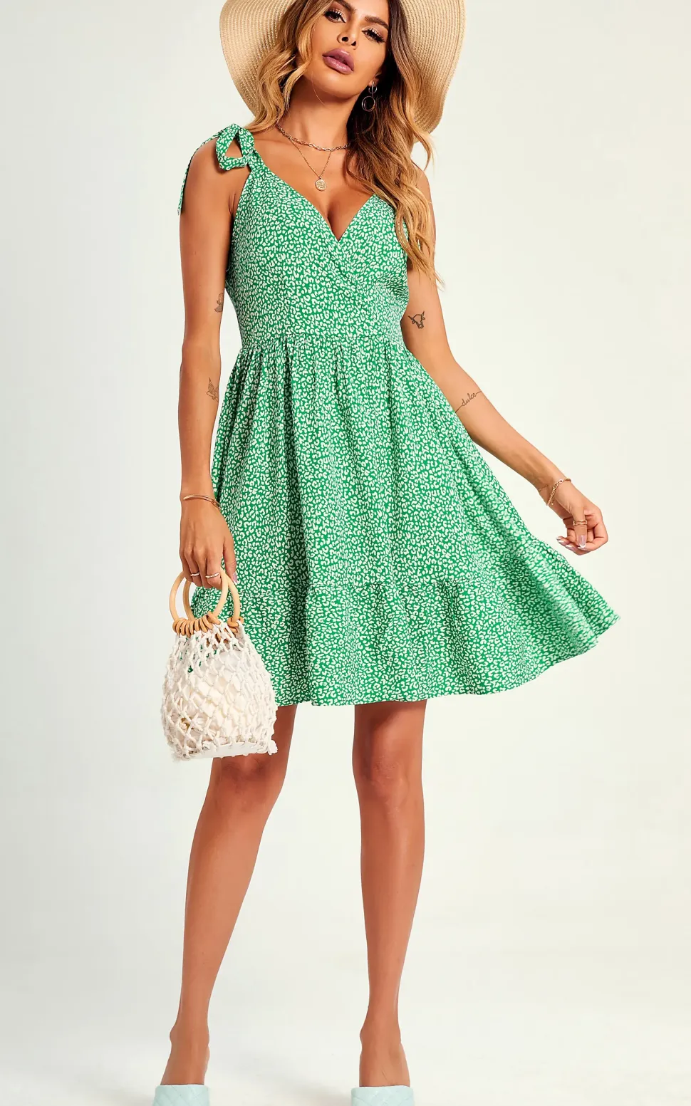 Leopard Print Hem Detail Strap Mini Dress In Green