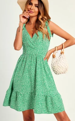 Leopard Print Hem Detail Strap Mini Dress In Green