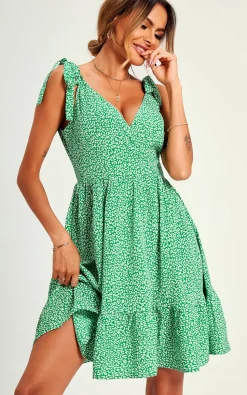 Leopard Print Hem Detail Strap Mini Dress In Green