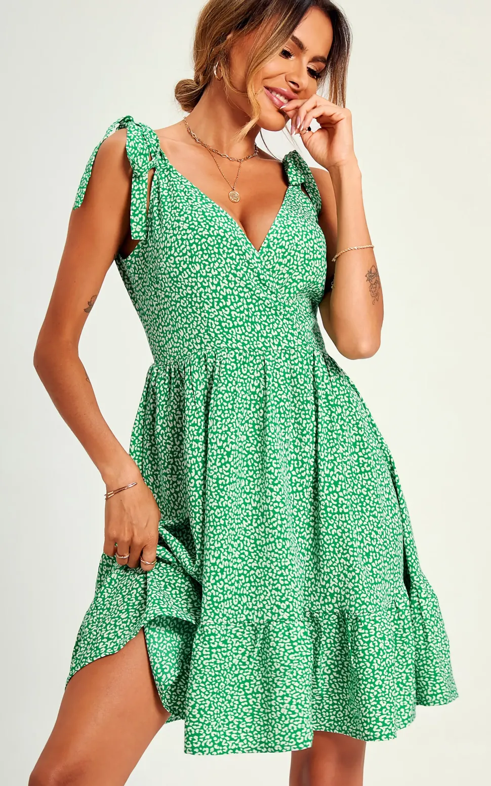Leopard Print Hem Detail Strap Mini Dress In Green