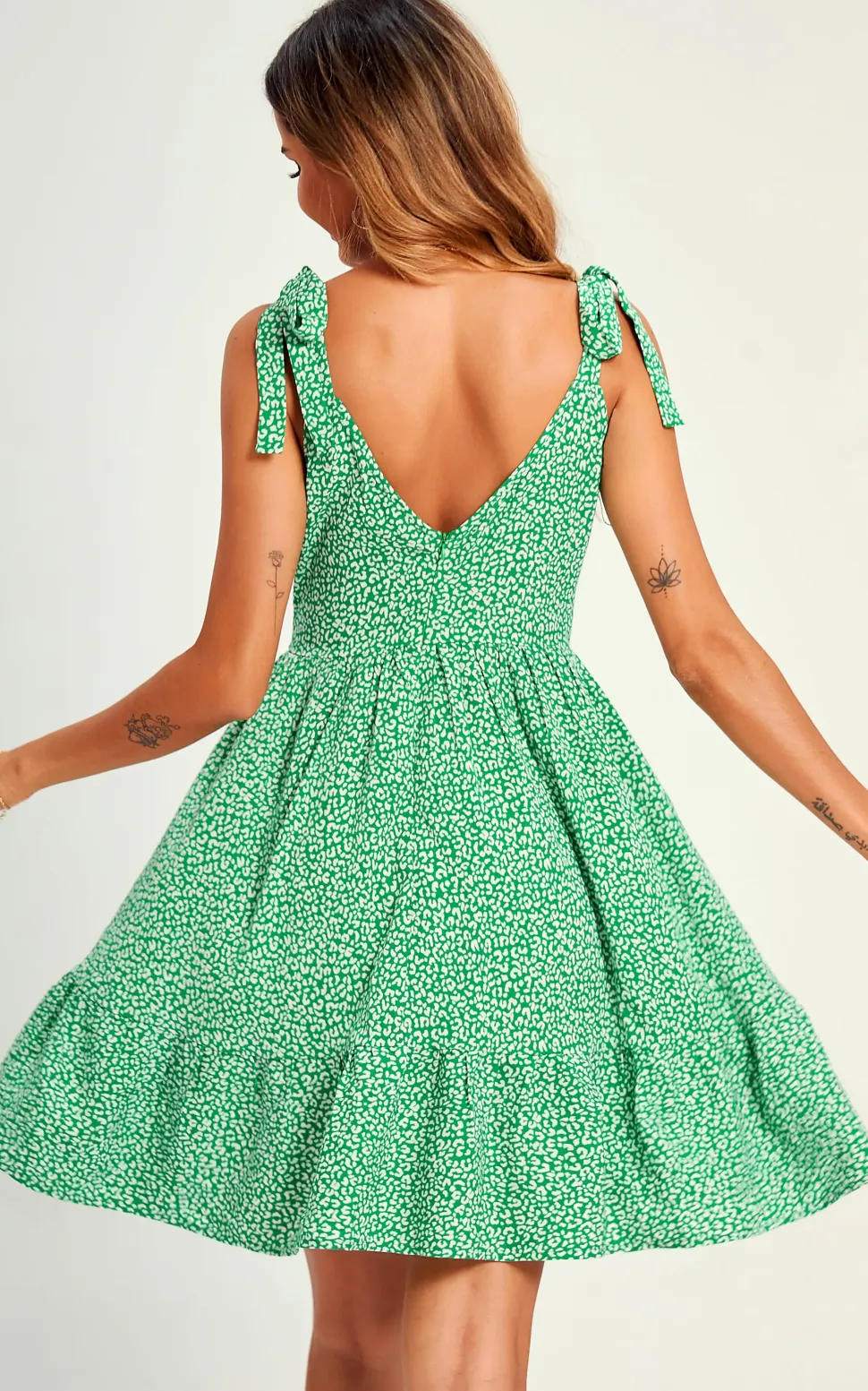 Leopard Print Hem Detail Strap Mini Dress In Green
